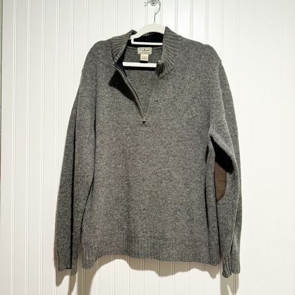 L.L. Bean Other - LL Bean Gray Shetland Wool Sweater Corduroy Elbow Patches Quarter Zip Mens Large